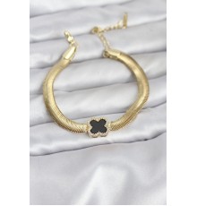 316L Çelik Gold Renk Siyah Yonca Model Zirkon Taşlı Yılan Zincirli Kadın Bileklik