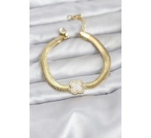 316L Çelik Gold Renk Beyaz Yonca Model Zirkon Taşlı Yılan Zincirli Kadın Bileklik