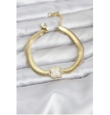 316L Çelik Gold Renk Beyaz Yonca Model Zirkon Taşlı Yılan Zincirli Kadın Bileklik