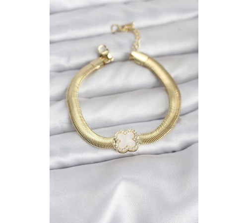 316L Çelik Gold Renk Beyaz Yonca Model Zirkon Taşlı Yılan Zincirli Kadın Bileklik