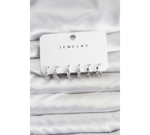 Pirinç Gümüş Renk Zirkon Taşlı Kadın Küpe Seti