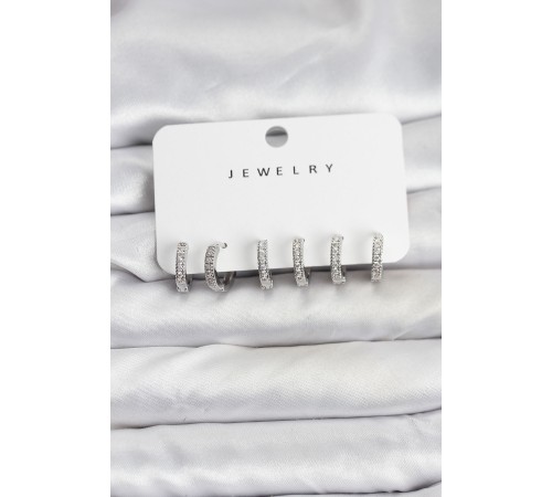 Gümüş Renk Pirinç Zirkon Taşlı Halka Kadın Küpe Seti