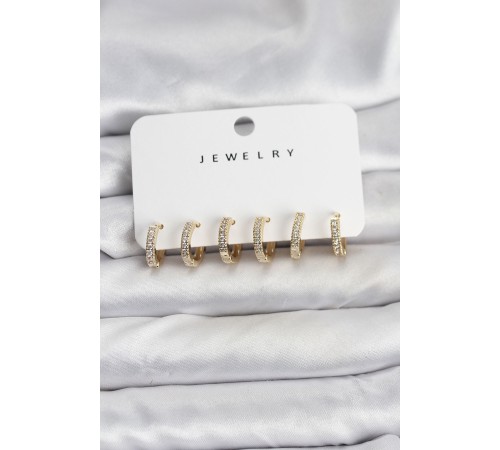 Gold Renk Pirinç Zirkon Taşlı Halka Kadın Küpe Seti