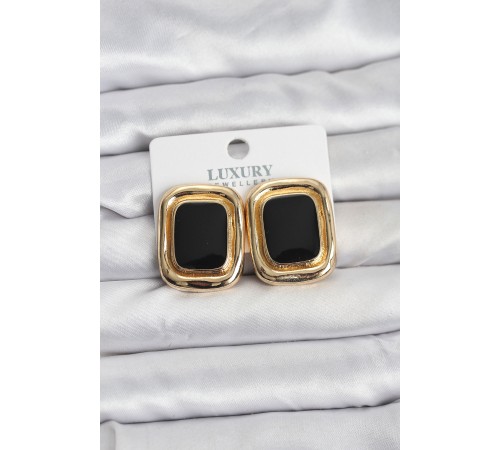 Siyah Mineli Kare Gold Renk Vintage Kadın Küpe