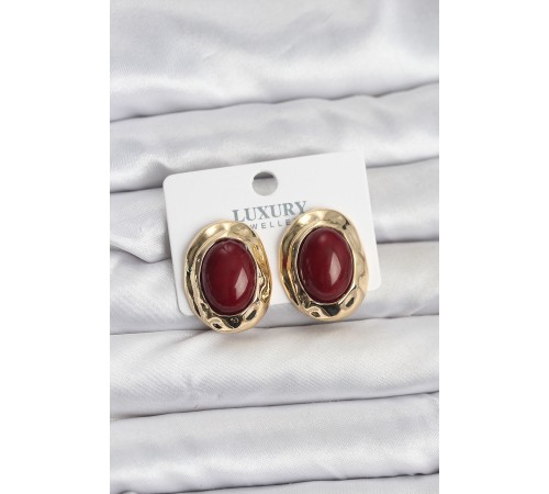 Bordo Renk Oval Vintage Pirinç Kadın Küpe
