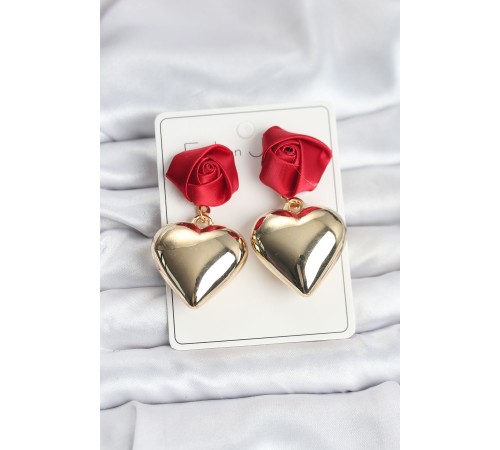 Pirinç Gold Kalpli Kırmızı Gül Model Kadın Küpe