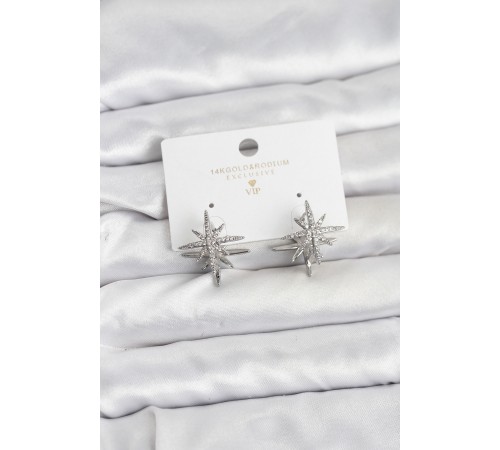 Gümüş Renk Pirinç Çift Taraflı Kutup Yıldızı Kadın Küpe