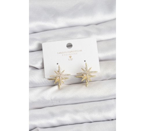 Gold Renk Pirinç Çift Taraflı Kutup Yıldızı Kadın Küpe