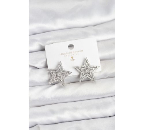 Gümüş Renk Pirinç Zirkon Taşlı Yıldız Model Kadın Küpe