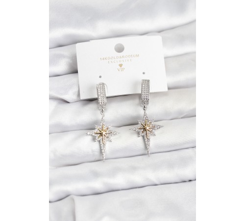 Zirkon Taşlı Gümüş Renk Pirinç Kutup Yıldızı Model Kadın Küpe