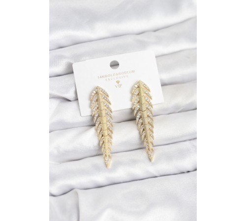 Pirinç Gold Renk Balık Sırtı Model Zirkon Taşlı Kadın Küpe