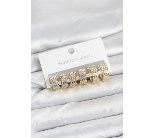 316L Çelik Zirkon Taşlı Gold Halka Küpe Seti