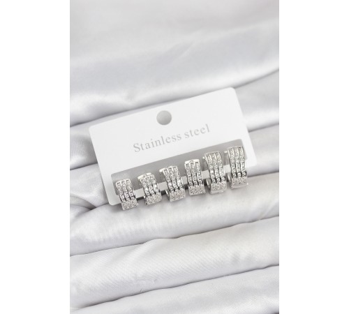 316L Çelik Zirkon Taşlı Gümüş Renk Halka Küpe Seti