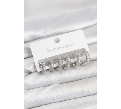316L Çelik Gümüş Renk Zirkon Taşlı Halka Küpe Seti