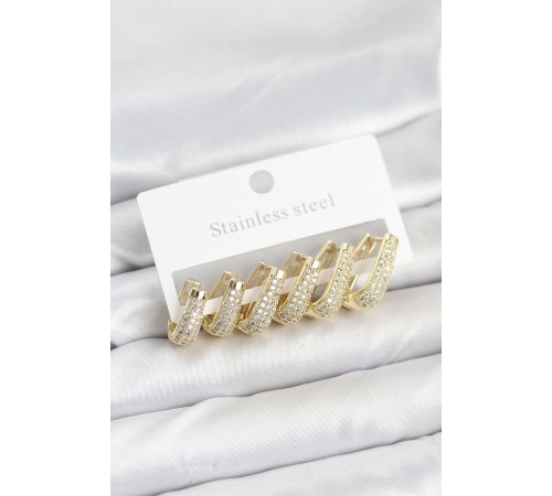 316L Çelik Gold Renk Zirkon Taşlı Damla Halka Küpe Seti