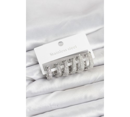 316L Çelik Gümüş Renk Zirkon Taşlı Damla Halka Küpe Seti