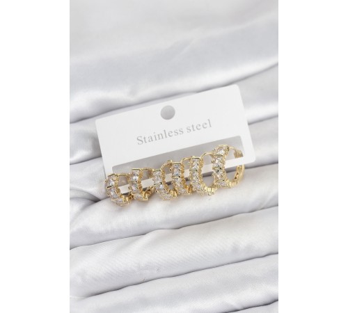 316L Çelik Gold Renk Baget Zirkon Taşlı Halka Küpe Seti