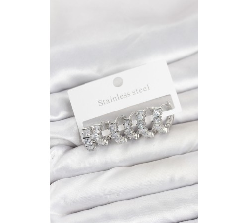 316L Çelik Gümüş Renk Baget Zirkon Taşlı Halka Küpe Seti