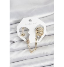 Pirinç Gold Renk Sarmal Model Zincir Bağlantılı Ear Cuff Küpe Seti