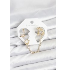 Pirinç Gold Renk Yıldız Model Zincir Bağlantılı Ear Cuff Küpe Seti