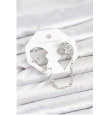 Pirinç Gümüş Renk Yıldız Model Zincir Bağlantılı Ear Cuff Küpe Seti