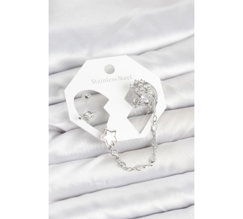 Pirinç Gümüş Renk Yıldız Model Zincir Bağlantılı Ear Cuff Küpe Seti