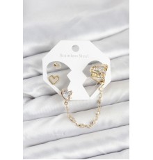 Pirinç Gold Renk Kalp Model Zincir Bağlantılı Ear Cuff Küpe Seti