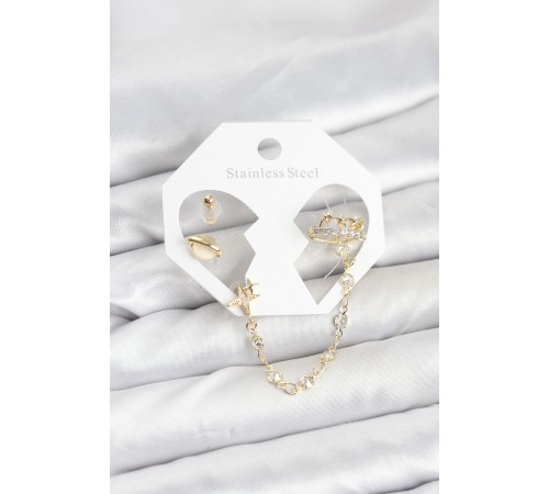 Pirinç Gold Renk Uzay Model Zincir Bağlantılı Ear Cuff Küpe Seti