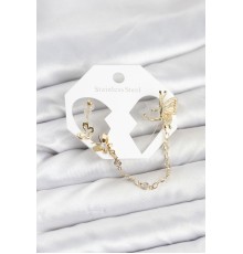 Kelebekli Model Pirinç Gold Renk Zincir Bağlantılı Ear Cuff Küpe Seti