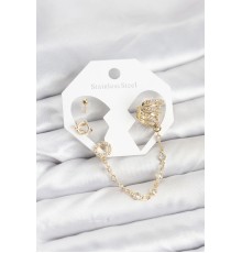 Uzay Model Pirinç Gold Renk Zincir Bağlantılı Ear Cuff Küpe Seti