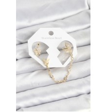 Kelebek Model Pirinç Gold Renk Zincir Bağlantılı Ear Cuff Küpe Seti