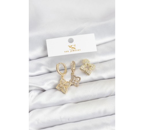 Pirinç Gold Renk Yonca Model YSX Trio Küpe Seti