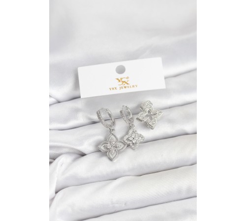 Pirinç Gümüş Renk Yonca Model YSX Trio Küpe Seti