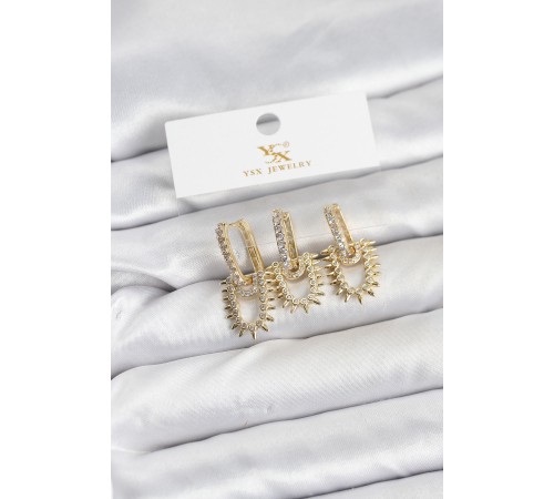 Pirinç Gold Renk Zirkon Taşlı Vintage Model YSX Trio Küpe Seti