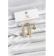 Pirinç Gold Renk Zirkon Taşlı Yıldız Vintage Model YSX Trio Küpe Seti