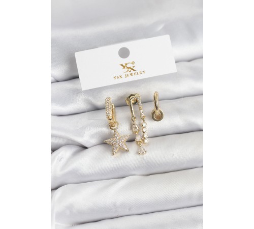 Pirinç Gold Renk Zirkon Taşlı Yıldız Vintage Model YSX Trio Küpe Seti