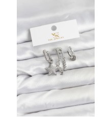 Pirinç Gümüş Renk Zirkon Taşlı Yıldız Vintage Model YSX Trio Küpe Seti