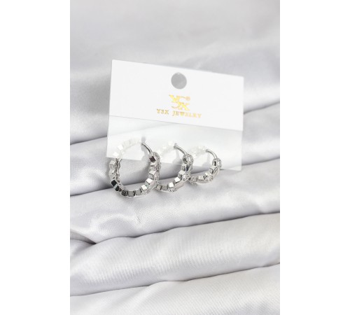 Pirinç Gümüş Renk Zirkon Taşlı Petek Halka Model YSX Trio Küpe Seti