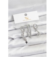 Pirinç Gümüş Renk Zirkon Taşlı Uzay Model YSX Trio Küpe Seti