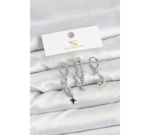 Pirinç Gümüş Renk Zirkon Taşlı Uzay Model YSX Trio Küpe Seti