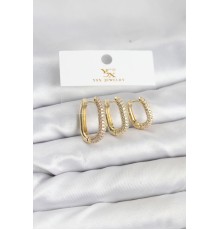 Pirinç Gold Renk Zirkon Taşlı Halka Model YSX Trio Küpe Seti