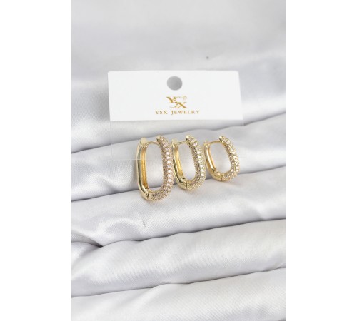 Pirinç Gold Renk Zirkon Taşlı Halka Model YSX Trio Küpe Seti
