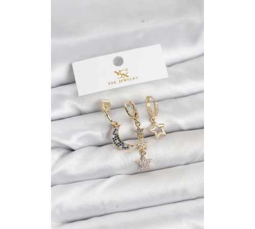 Pirinç Gold Renk Zirkon Taşlı Ay ve Yıldız Model YSX Trio Küpe Seti
