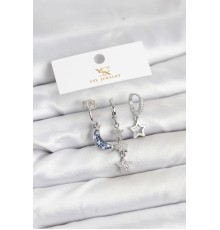 Pirinç Gümüş Renk Zirkon Taşlı Ay ve Yıldız Model YSX Trio Küpe Seti