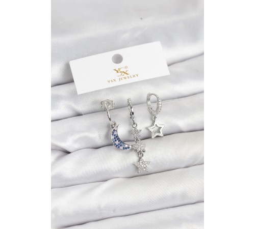 Pirinç Gümüş Renk Zirkon Taşlı Ay ve Yıldız Model YSX Trio Küpe Seti