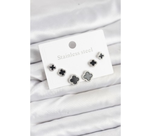 316L Çelik Gümüş Renk Zirkon Taşlı Yonca Model Kadın Küpe Seti