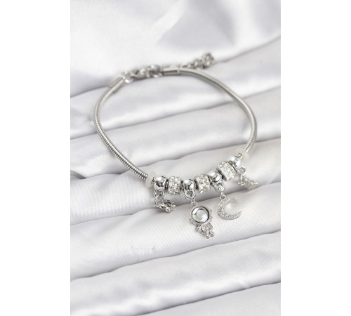 Pirinç Gümüş Renk Uzay Tema Charmlı Kadın Bileklik