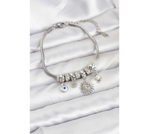 Pirinç Gümüş Renk Güneş Charmlı Kadın Bileklik