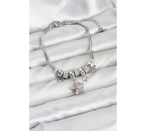 Pirinç Gümüş Renk Renkli Yıldız Charmlı Kadın Bileklik