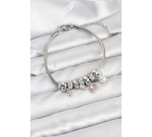 Pirinç Gümüş Renk Pembe Kalp Charmlı Kadın Bileklik